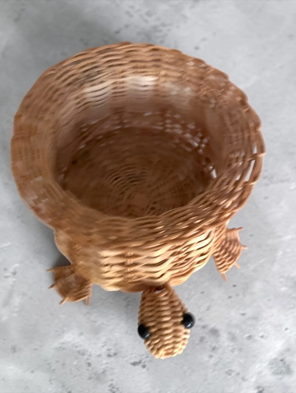 Vintage Wicker Turtle Basket with Black Bead Eyes, Mid-Century Handmade Rattan